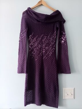 Bebe Purple Sequin Knit Off Shoulder Sweater Dress Fitted Lined Long Sleeve S